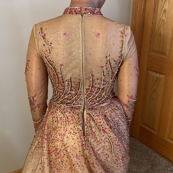 Custom Evening gown red rhinestone jewel encrusted rose gold sequin dress size 6 - Picture 10 of 16